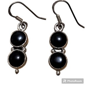 Vintage silver plated black onyx stone dangle earrings